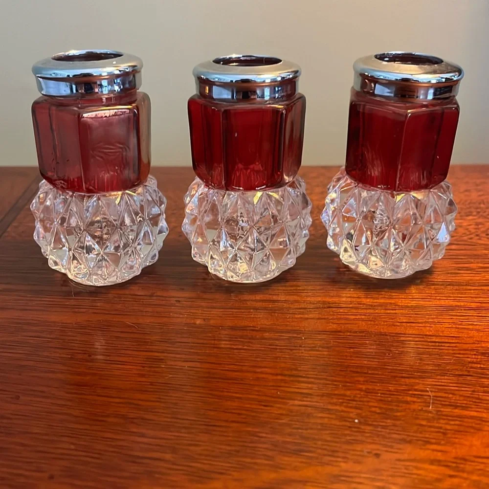 Set of 3 Vintage Ruby Red 3” Painted Crystal Glass Taper Candle Stick Holders